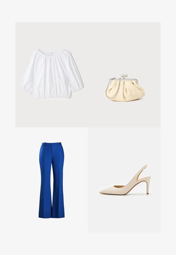 Blusa blanca y ligera con escote redondo, mangas abullonadas de tres cuartos y cintura elástica, que presenta una textura suave y brillante.; Pantalones azules acampanados hechos de tejido texturizado, con una cintura ajustada y detalle de plisado en la parte delantera, adecuados para ocasiones formales o informales.; Zapato de tacón beige de cuero con punta puntiaguda y tacón alto delgado. Cuenta con un recorte en el talón y un acabado liso.; Clutch de cuero beige plisado con un marco de metal plateado, que cuenta con dos broches decorativos redondos y una correa de cadena plateada.