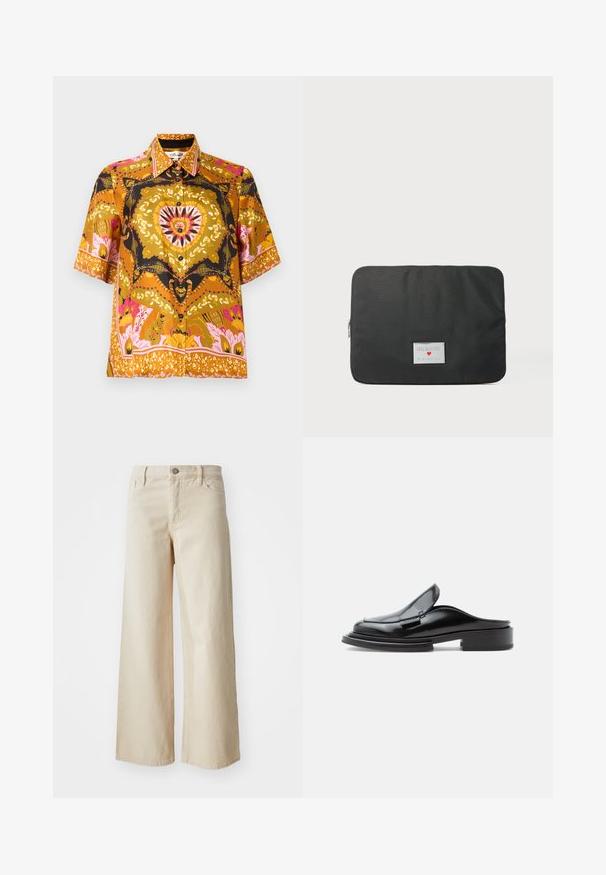 Chemise à manches courtes à boutons de couleur jaune doré avec des imprimés floraux et cachemire en rose et noir. Tissu lisse avec une coupe décontractée.; Jean large beige en denim, avec une taille haute, fermeture à bouton, passants de ceinture et poches latérales. Texture lisse et coupe décontractée.; Mule en cuir noir à enfiler avec un petit talon épais et des détails cousus sur la tige, présenté de profil sur un fond uni.; Housse d'ordinateur portable rectangulaire noire avec une fermeture éclair argentée et un label blanc portant l'inscription "LOVE MOSCHINO Made with love" ainsi qu'un petit cœur rouge.