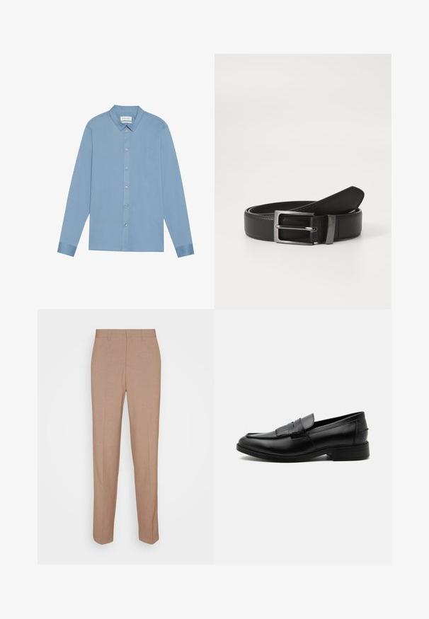 Himmelblaues Langarmhemd mit Button-Down-Kragen, schlankem Design und gesticktem Logo auf der Brust. Verfügt über metallische Knöpfe.; Beige, maßgeschneiderte Hose aus glattem, strukturiertem Stoff. Gerade Passform mit Bund, ohne sichtbare Verzierungen oder Taschen.; Schwarzer Leder-Herrenloafer mit Quasten-Detail, abgerundeter Spitze, niedrigem Absatz und glatter, polierter Oberfläche, von der Seite auf weißem Hintergrund dargestellt.; Schwarzer Ledergürtel mit einer silbernen Metallschnalle, der eine glatte Oberfläche und ein klassisches Design aufweist. Der Gürtel ist ordentlich gefaltet.