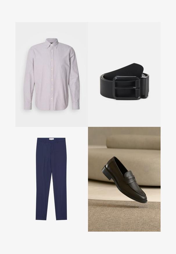 Chemise à manches longues en coton, rayée violet clair et blanc, avec un col boutonné, des boutons jaunes et des fentes sur les côtés.; Pantalons de costume navy en tissu lisse, dotés d'un devant plat, de deux poches latérales, d'une fermeture éclair et d'un ourlet net sans motifs ni accents.; Chaussure loafer en cuir noir reposant sur un tapis beige avec un canapé beige courbé en arrière-plan.; Ceinture en cuir noir avec une boucle en métal noir mat, présentant une surface plate et lisse et une extrémité effilée. Design simple sans embellissements.