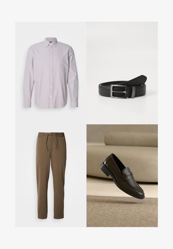 Chemise à manches longues en coton, rayée violet clair et blanc, avec un col boutonné, des boutons jaunes et des fentes sur les côtés.; Pantalons de survêtement marron, effilés, avec une taille élastique et un cordon de serrage. Texture douce et lisse, avec des poches latérales et un design simple.; Chaussure loafer en cuir noir reposant sur un tapis beige avec un canapé beige courbé en arrière-plan.; Ceinture en cuir noir avec une boucle en métal argenté, présentant une finition lisse et un design classique. La ceinture est soigneusement pliée.