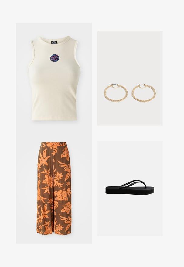 Creme ribbet tanktop med rund hals og uden ærmer, med et broderet "Santa Cruz" logo i pink og blå på forsiden.; Brune brede bukser med et orange blomstermønster. Glat tekstur med høj talje og sidelommer. Afslappet og let design.; Sort gummiflipflop med tekstureret sål og Y-formet rem, vist i sideprofil mod en ensartet lys baggrund.; Par medium-størrelse guldbøjleøreringe med et tekstureret perle-design på en ensartet lys baggrund.