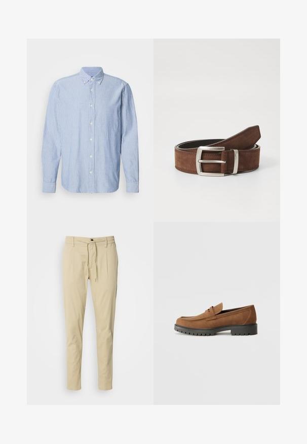Camisa de botones en azul claro con rayas blancas, que presenta un cuello clásico y mangas largas. Confeccionada en tejido tejido con una textura suave.; Pantalones beige de corte ajustado, hechos de una mezcla de algodón. Cintura elástica con cordón, dos pliegues frontales y patas rectas.; Mocasines de ante marrón con punta redondeada y una suela de goma negra baja, que presentan una correa decorativa y detalles de costura en la parte superior.; Cinturón de ante marrón con hebilla de metal plateado y detalle de costuras lineales. El cinturón es plano y tiene un ancho y una forma clásicos.