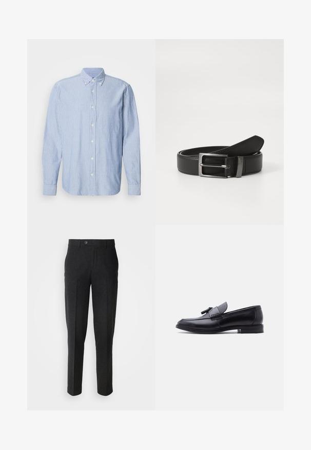 Hemd mit Knöpfen in Hellblau mit weißen Streifen, ausgestattet mit einem klassischen Kragen und langen Ärmeln. Hergestellt aus gewebtem Stoff mit einer glatten Textur.; Lindbergh Stoffhose - black melange; Schwarzer Leder-Slipper mit strukturiertem grauem Stoffeinsatz und Quastendetail, niedriger Absatz und abgerundete Spitze, seitliche Ansicht auf weißem Hintergrund.; Schwarzer Ledergürtel mit einer silbernen Metallschnalle, der eine glatte Oberfläche und ein klassisches Design aufweist. Der Gürtel ist ordentlich gefaltet.
