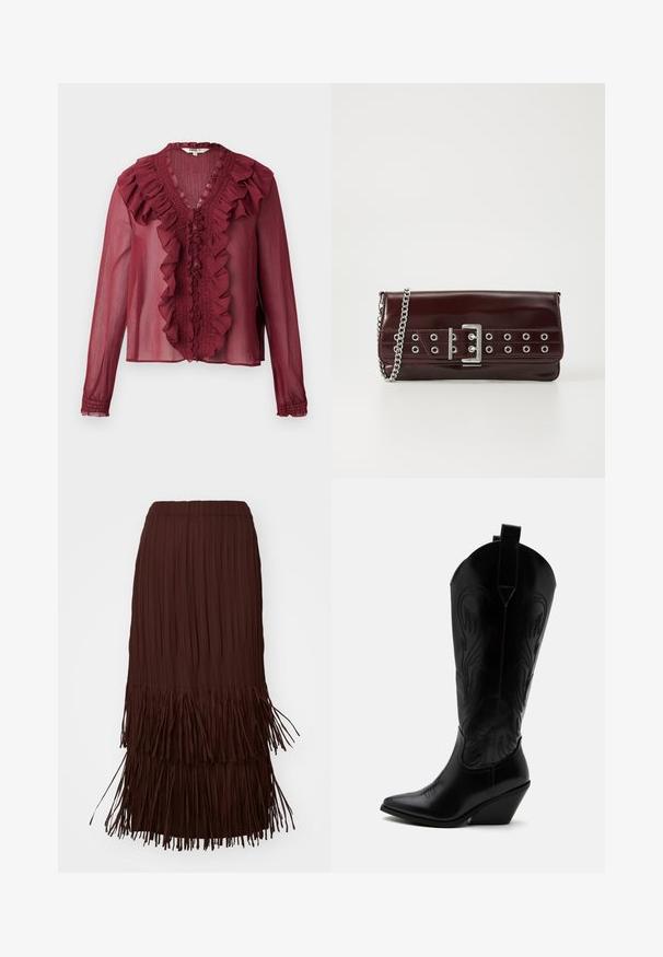 Bordeaux transparante blouse met lange mouwen, gerimpelde kraag en voorlijn details. Zacht materiaal met een lichte, vloeiende textuur.; Bruine geplooide midi-rok met gelaagde franjerand, voorzien van een elastische tailleband en een luchtige textuur.; Zwarte leren cowboylaars met puntige neus, schuine blokhak, decoratieve stiksels en aantreklusjes bovenaan tegen een witte achtergrond.; Bordeaux faux leren clutch met een zilveren kettinghengsel, voorzien van een gespontwerp en metalen ogen over de voorkant voor extra detail.