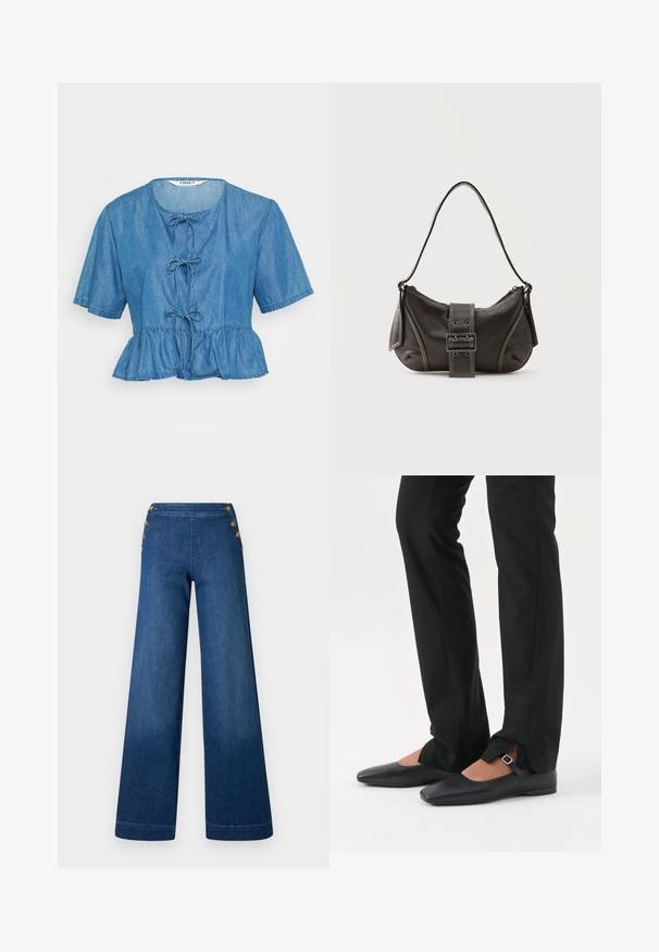 Haut en jean à manches courtes, bleu clair, avec un ourlet en peplum. Caractérisé par un col rond et trois liens décoratifs à l'avant. Texture douce.; Pantalon en denim bleu foncé à jambes larges. Il présente un devant plat avec cinq boutons dorés pour la fermeture. Texture lisse avec une finition classique.; Jambes vêtues d’un pantalon slim noir avec des fentes à l’avant de l’ourlet, assorties à des chaussures plates Mary Jane noires avec une petite bride à boucle.; Sac à épaule en cuir noir avec une sangle à boucle, des bords arrondis et des coutures blanches contrastées sur un fond uni.