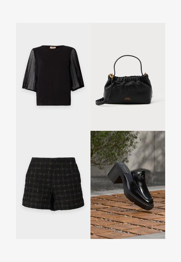 TWINSET Topp - nero; Mustad tweed lühikesed püksid tekstuuriga pinnaga, millel on kuldsete niitidega ruuduline muster, kohandatud lõige ja keskmise kõrgusega vöökohaga.; Mustast nahast Calvin Kleini slip-on mules, millel on plokk-konts, toetub puitplaatidele õues, lähedal rohelisele taimele ja hallile seinale.; Mustlane nahast käekott kogutud ülemise osaga, lühikese käepideme ja eemaldatava õlarihmaga. Omab kuldset logo aksessuaari ja sileda tekstuuri.