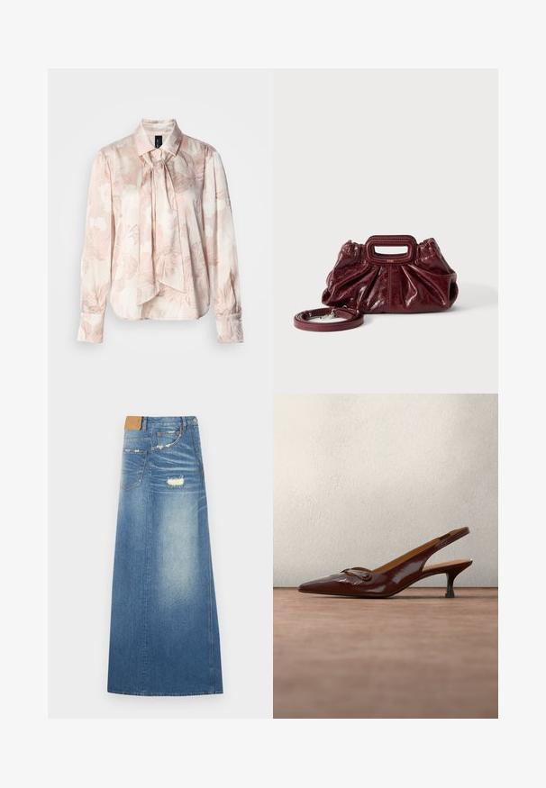 Langærmet bluse i lyserødt stof med blomsterprint. Har krave og bindedetalje ved halsen, knapmanchetter og en afslappet pasform.; Denim maxi nederdel i lyseblå med høj talje, slidte detaljer, lommer og lige silhuet, lavet af bomuldsstof.; Mørkebrune slingback-pumps i laklæder med spids tå, lav lille hæl og lille dekorativ spænde på overdelen.; Lille mørkerød læderhåndtaske med opsamlet struktur, rektangulært håndudskåret håndtag og aftagelig skulderrem på hvid baggrund.