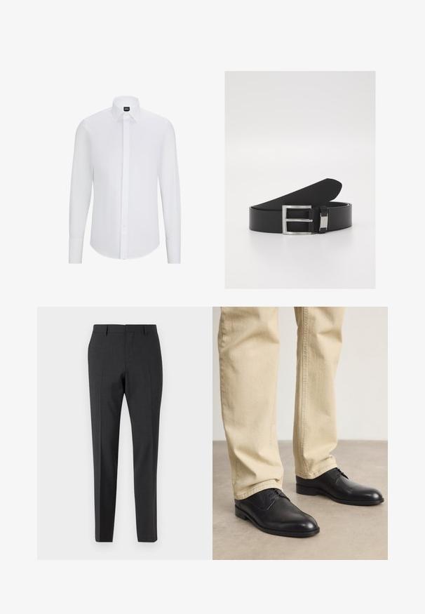 Chemise blanc à manches longues avec col pointu, en tissu lisse, comportant une patte de boutonnage à l'avant et un ourlet arrondi.; Pantalons tailleur gris foncé avec une texture lisse, coupe slim, devant plat et passants de ceinture, conçus pour une tenue formelle ou professionnelle.; Chaussures noires en cuir à lacets avec un bout arrondi, finition lisse et détails de couture subtils, portées avec un pantalon beige clair.; Ceinture en cuir noir avec une texture lisse et élégante, dotée d'une boucle en métal argenté et d'un détail de marque subtil.