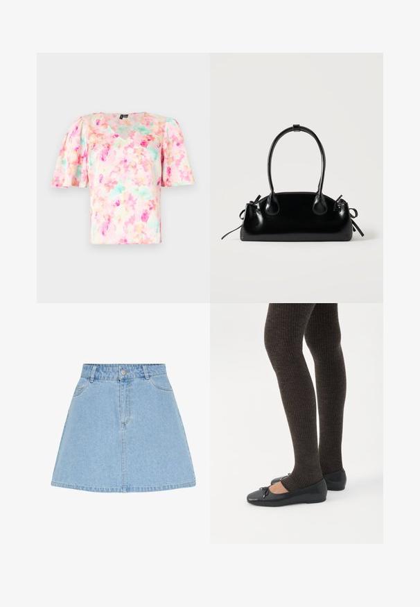 Blusa de estampado floral en tonos pasteles de rosa y verde menta, con escote en V y mangas cortas abullonadas, confeccionada en tejido ligero.; Falda línea A de denim azul claro con cierre frontal de botones y cremallera, presillas para cinturón y dos bolsillos delanteros.; Piernas con leggings oscuros acanalados combinados con bailarinas negras que presentan pequeños detalles de lazo sobre un fondo blanco.; Pequeño bolso negro brillante con dos asas largas y detalles de cordón lateral sobre un fondo claro liso.