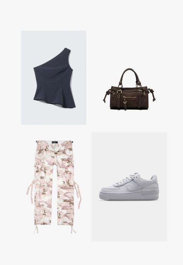 Marineblaues, einseitiges Top mit strukturiertem Design, ausgestelltem Saum und dezenten Nahtdetails, gefertigt aus glattem Stoff.; Tarnfarben Cargo-Hosen in Rosa- und Beigetönen, aus Baumwollmaterial, mit mehreren Taschen und Kordelzügen an den Bündchen.; Graue Nike Air Force 1 Sneaker mit perforierter Zehenpartie, Obermaterial aus glattem Leder, dicker Sohle und geprägtem 'AIR'-Detail an der Ferse.; Dunkelbraune Lederhandtasche mit doppelten Griffen, vorderer Reißverschlusstasche, dekorativen Schnallen und seitlichen Knoten auf weißem Hintergrund.