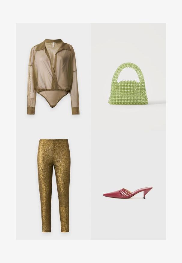 Gennemsigtig langærmet bodysuit i olivengrøn, med krave, dyb V-hals og en tætsiddende pasform ved taljen med bodysuit-bund.; Guld metallic leggings med en tekstureret, lodret stribe mønster. Stoffet har en blank overflade og en slank, tætsiddende silhuet.; Røde lædermules med spids tå og lav hæl, med udskårne sideaccenter og en glat tekstur. Slankt og strømlinet design.; Lille grøn håndtaske lavet af gennemsigtige runde perler med en perlehankel på en ensfarvet hvid baggrund.