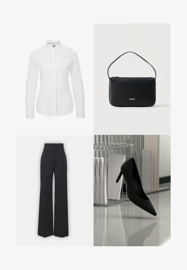 Chemise blanche à manches longues, en coton crisp, avec un col classique, une patte de boutonnage à l'avant et une coupe ajustée. Texture lisse, sans motifs.; Pantalons à jambes larges en tissu noir avec une taille haute, présentant une finition soignée et une texture lisse. Pas de matériel ou de motifs visibles.; Chaussure noire à talons hauts équilibrée sur son talon sur un comptoir réfléchissant près de porte-dossiers métalliques avec des dossiers blancs.; Sac d'épaule rectangulaire en cuir noir avec une petite plaque logo "HUGO" en or et une seule fine bandoulière.