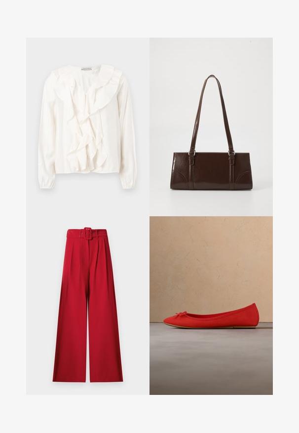 Blouse blanche avec un devant à volants, tissu doux, manches longues et fermetures à boutons. Présente un col structuré et des poignets froncés.; Pantalon rouge taille haute à jambes larges, avec plis à l'avant et ceinture assortie en tissu dotée d'une boucle rectangulaire.; Chaussure plate rouge avec un bout arrondi, un petit nœud sur le devant et un dessus en textile lisse, posée sur une surface texturée.; Sac à main en cuir verni marron de forme rectangulaire, avec deux longues poignées et des accents courbés subtils à l'avant.