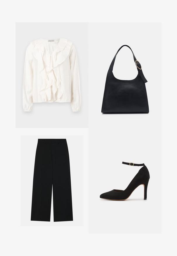 Witte blouse met een gerimpeld voorkantontwerp, zachte stof, lange mouwen en knoopsluitingen. Voorzien van een gestructureerde kraag en gerimpelde manchetten.; Zwart, wijde broek van een gladde stof. Heeft een plat tailleband met riemlussen en geen zichtbare zakken. Eenvoudig ontwerp.; Zwarte suede hoge hak schoen met een spitse neus en enkelbandje. Gekenmerkt door een gouden gesp en een slanke, taps toelopende hak.; Zwarte leren tote bag met een gladde textuur, ronde vorm en een enkele schouderband met een ronde gouden hardware accent.