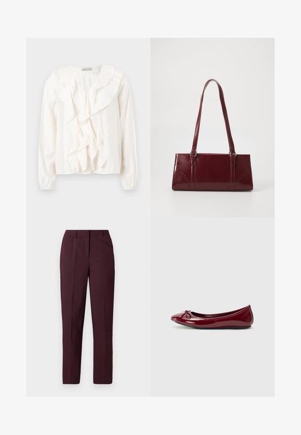 Blouse blanche avec un devant à volants, tissu doux, manches longues et fermetures à boutons. Présente un col structuré et des poignets froncés.; Pantalon droit bordeaux avec une texture lisse, présentant un devant plat et sans poches visibles. Coupe ajustée avec une coupe classique.; Ballerines en vernis bordeaux brillant, avec un bout arrondi et un petit nœud sur le devant. Texture lisse, petit talon.; Sac à main bordeaux en matériau brillant, de forme rectangulaire, avec deux anses et des accents légèrement courbés à l'avant.