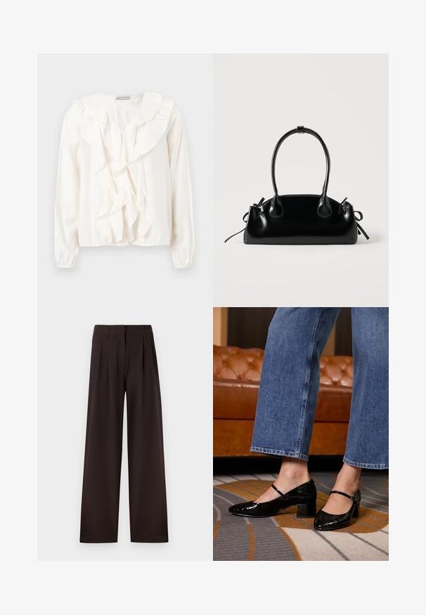Witte blouse met een gerimpeld voorkantontwerp, zachte stof, lange mouwen en knoopsluitingen. Voorzien van een gestructureerde kraag en gerimpelde manchetten.; Donkerbruine wijde pantalon met plooi en riemlussen, voorzien van een voorrits en een nette zoom tegen een effen achtergrond.; Zwarte gepatineerde leren pumps met een spitse neus, blokhak en enkelbandje, gedragen met wijduitlopende denim jeans, op een gedessineerd tapijt.; Kleine zwarte glanzende handtas met twee lange hengsels en zijkant trekkoord details op een effen lichte achtergrond.