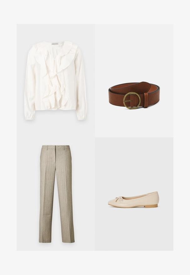 Witte blouse met een gerimpeld voorkantontwerp, zachte stof, lange mouwen en knoopsluitingen. Voorzien van een gestructureerde kraag en gerimpelde manchetten.; Beige pantalon met krijtstrepen en een rechte pijp, voorzien van een gestructureerde tailleband en een subtiele textuur in de stof.; Beige balletschoenen van glad synthetisch materiaal. Voorzien van een kleine blokhak en een geknoopt detail met gouden accenten op de teen.; Bruine leren riem met een ronde messing gesp, met een gladde textuur en contrasterende stiksels langs de randen.