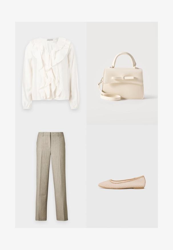 Hvid bluse med flæsefront, blødt stof, lange ærmer og knaplukning. Har en struktureret krave og rynkede manchetter.; Beige bukser med nålestriber og et lige ben-design, der har en struktureret linning og en subtil tekstur i hele stoffet.; Balletflade med spids tå, lavet af vævet beige materiale, med en fleksibel sål og en glat kant.; Lille beige håndtaske med top-håndtag, aftagelig rem, forreste klap og dekorativ vandret sløjfe på en ensfarvet baggrund.
