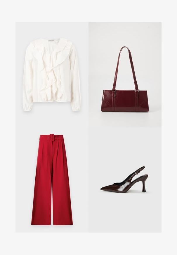Blouse blanche avec un devant à volants, tissu doux, manches longues et fermetures à boutons. Présente un col structuré et des poignets froncés.; Pantalon rouge taille haute à jambes larges, avec plis à l'avant et ceinture assortie en tissu dotée d'une boucle rectangulaire.; Talons slingback en cuir verni brun avec un bout pointu, un talon fin, et une sangle réglable avec une petite boucle.; Sac à main bordeaux en matériau brillant, de forme rectangulaire, avec deux anses et des accents légèrement courbés à l'avant.