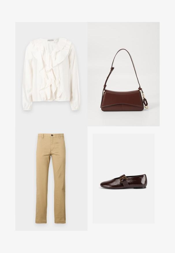 Witte blouse met een gerimpeld voorkantontwerp, zachte stof, lange mouwen en knoopsluitingen. Voorzien van een gestructureerde kraag en gerimpelde manchetten.; Khaki chinos van katoen, met een rechte pijp, twee voorkanten zakken, een enkele knoopsluiting en riemlussen, met een gladde textuur.; Donkerbruine lakleren platte schoen met een grote gouden gesp en een afgeronde teen, zijaanzicht op een witte achtergrond.; Bruine leren handtas met een gebogen silhouet, enkele schouderriem en gouden accenten. Bevat een gevlochten detail en een gladde, matte textuur.
