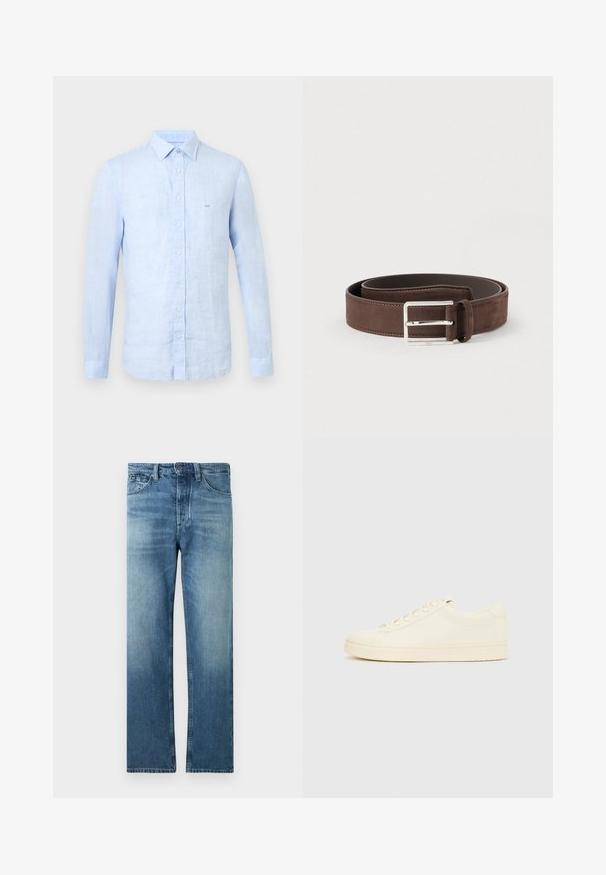 Chemise bleu clair à manches longues avec boutons et col, en tissu texturé, avec une petite broderie de logo sur la poitrine gauche.; Jean bleu moyen à jambes droites avec légère décoloration, design classique à cinq poches, fermeture par boutons et passants pour ceinture.; Baskets couleur crème avec une tige en cuir lisse, bout arrondi, laçage à l'avant et semelle en caoutchouc texturée. Design minimaliste, sans logo.; Ceinture en daim marron à la texture lisse, avec une boucle en métal argenté et un design simple. Dispose d'une doublure en cuir et de détails de couture.