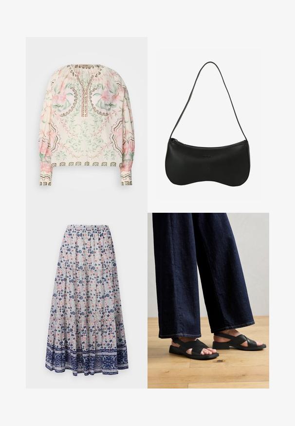 Blouse légère crème avec imprimé floral en rose et vert. Présente un col froncé et des accents bruns délicats. Manches longues.; Jupe maxi florale avec un fond gris, présentant des fleurs roses et bleues, un design à volants, et un ourlet à motifs navy. Taille élastique.; Sandales en cuir noir avec un design entrecroisé, semelle plate et matériel minimal, associées à un pantalon en denim foncé à jambes larges.; Sac d'épaule en cuir noir avec une forme incurvée, fermeture éclair et une seule bandoulière fine ; texture lisse et détail de logo embossé subtil.