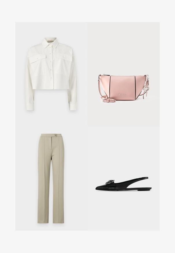 Chemise blanche raccourcie à manches longues avec deux grandes poches avant à rabat et un col pointu sur un fond uni.; Pantalons beiges ajustés avec une coupe droite, dotés d'une fermeture éclair à l'avant, d'un bouton unique et de plis délicats marqués sur le devant des jambes.; Ballerine slingback en cuir noir à bout pointu, avec une large bride et une boucle métallique ronde sur le dessus.; Sac bandoulière Michael Kors rose clair avec sangle réglable, breloque logo argentée et fermeture éclair sur le dessus sur fond blanc.