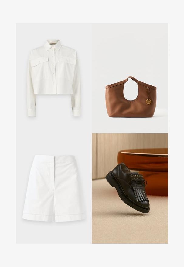 Witte cropped lange mouwen overhemd met knopen, voorzien van twee grote klepzakken aan de voorkant en een puntige kraag, afgebeeld tegen een effen achtergrond.; Witte katoenen shorts met een rechte pasvorm, voorzien van een soepele textuur, achterzakken en een decoratieve stiksel langs de zoom.; Zwarte lederen veterlaars met decoratieve franjes en metalen studs geplaatst op een beige tapijt nabij bruin meubilair.; Bruine leren handtas met afgeronde handvatten, gebogen bovenrand en gouden Michael Kors logo bedel aan de zijkant.