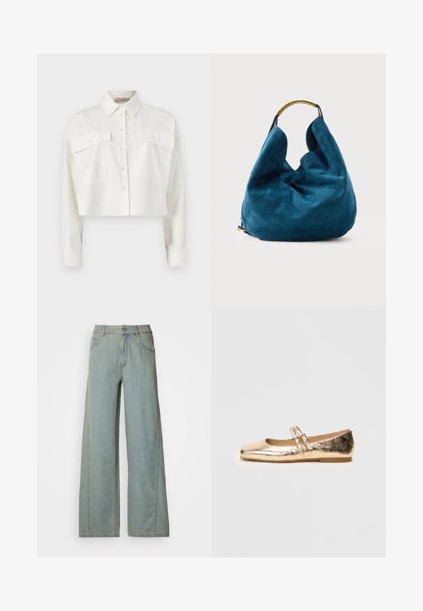 Hvid cropped skjorte med lange ærmer, knapper, to store frontlommer med klapper og spids krave på ensfarvet baggrund.; Lyseblå bredbuks jeans lavet af denim, med knap- og lynlås-lukning, fem lommer og kontrasterende syninger.; Guld ballet flade med en skinnende, krøllet tekstur, firkantet tå og to smalle stropper hen over vristen. Flad, minimal hæl.; Blå ruskind hobo taske med blød, slap form og et buet håndtag i guldmetal mod en ensartet lys baggrund.