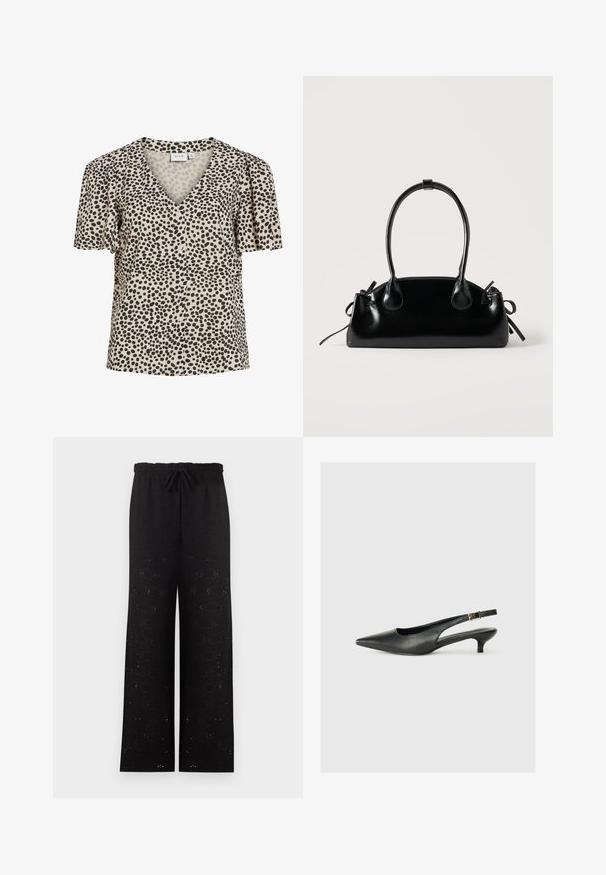 Blouse beige à manches courtes avec des pois noirs irréguliers, col en V, et boutons sur le devant, fabriquée par la marque VILA.; Pantalon noir à jambes larges avec taille élastiquée et cordon noué, présentant un motif floral œillet discret sur l’ensemble.; Chaussure slingback noire à bout pointu en cuir lisse. Présente un talon fin et un détail de boucle sur la sangle réglable.; Petit sac à main noir brillant avec deux longues anses et des détails à cordon sur les côtés sur un fond clair uni.