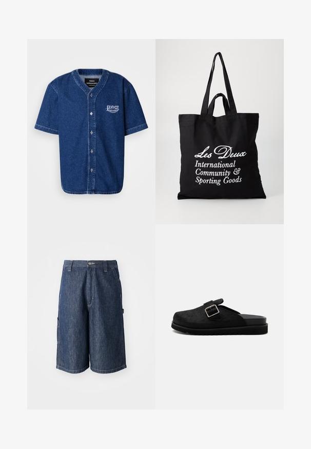 Korte mouw, button-up shirt gemaakt van donkerblauwe denim met een klassieke kraag en een wit geborduurd logo op de linkerkant van de borst.; Donkerblauwe denimshorts met een rechte snit, vijf zakken en zichtbare stiksels. Voorzien van een knoopsluiting en riemlussen.; Zwarte slip-on klomp met gestructureerde bovenkant, zilverkleurige gesp en dikke geribbelde zool, zijaanzicht op witte achtergrond.; Zwart canvas schoudertas met twee stevige handvatten, met witte tekst: "Les Deux International Community & Sporting Goods."