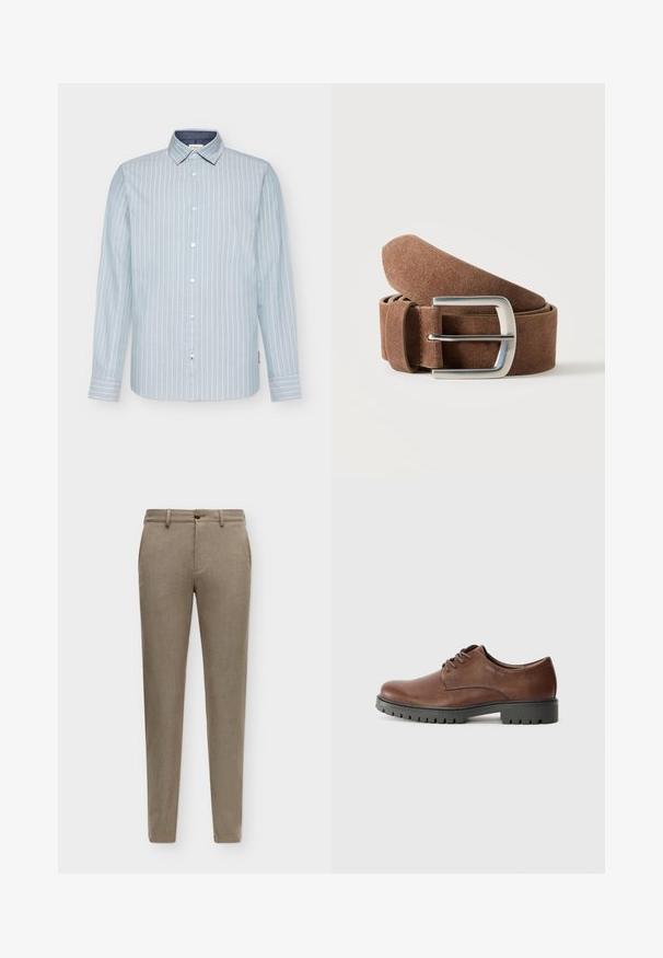 Chemise à manches longues bleu clair avec des rayures verticales blanches, col boutonné et intérieur de col bleu marine contrastant. Tissu en coton doux.; Pantalon beige coupe slim avec passants de ceinture, bouton à l'avant et poches latérales, présenté sur un fond uni.; Chaussure oxford en cuir marron avec une texture lisse, bout rond et semelle extérieure en caoutchouc noir avec un motif de semelle. Lacets fixés à l'avant.; Ceinture en daim marron roulée avec une boucle rectangulaire en métal argenté sur un fond clair uni.
