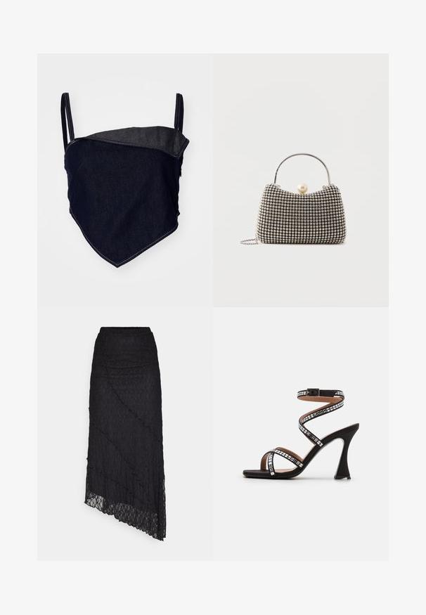 Denim bralette, mille disainiga. Tume sinine kangas heledama, nurkse paneeliga. Reguleeritavad rihmad ja nähtavad õmbluse detailid.; ONLY ONLKIM SLIT - Maksiseelik - black; Must have küljega kõrge kontsaga sandaalid, spiraalkujulise pahkluu rihmaga, sädelised ruudukujuliste metallist aktsentidega, avatud varvastega ja sujuvate, kaarjad kontsadega disain.; Väike käekott hõbedase võrgumustriga, kõver käepide, suur pärlikinnitus ja õhuke hõbedane kettsahtel lihtsal taustal.
