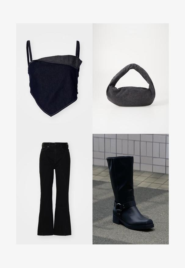 Denim bralette, mille disainiga. Tume sinine kangas heledama, nurkse paneeliga. Reguleeritavad rihmad ja nähtavad õmbluse detailid.; Mustad, kõrge vöökoht, flared mustad teksad, mis on valmistatud denimist, ees olevate taskutega ja külgseintel tikitud aktsentidega.; Must nahktõlvik keskmise vasikaosa kõrgusega, madala plokksanga ja kaunistava metallkinnitusega rihmaga ümber pahkluu, plaaditud kõnniteel.; Tumehallist kangast kott, millel on kaardus käepide, pehme tekstuur ja ümar kuju. Pole nähtavaid metallosi ega kaunistusi.