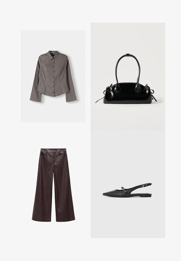 Stribet skjorte i brun og hvid med lange ærmer, spids krave og buet kant. Struktureret stof med lodrette striber.; Brune faux læder wide-leg bukser med høj talje, der har forlommer og klassisk knaplukning. Glat tekstur og mat finish.; Sorte læder slingback-sko med spids tå, med en smal rem og en sølvspænde-detalje på siden. Flad sål.; Lille sort blank håndtaske med to lange håndtag og snøre-detaljer i siden på en ensfarvet lys baggrund.