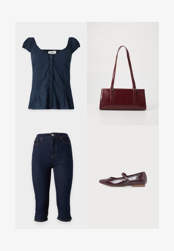 Blouse bleu marine à manches courtes avec fermeture boutonnée sur le devant, encolure carrée, manches froncées et détails discrets de coutures verticales.; Jean skinny court en denim bleu foncé avec fermeture frontale par boutons et surpiqûres orange, présenté sur fond blanc.; Chaussure plate Mary Jane bordeaux avec bout arrondi, finition brillante, bride latérale ajustable avec boucle argentée et semelle basse couleur tan.; Sac à main bordeaux en matériau brillant, de forme rectangulaire, avec deux anses et des accents légèrement courbés à l'avant.