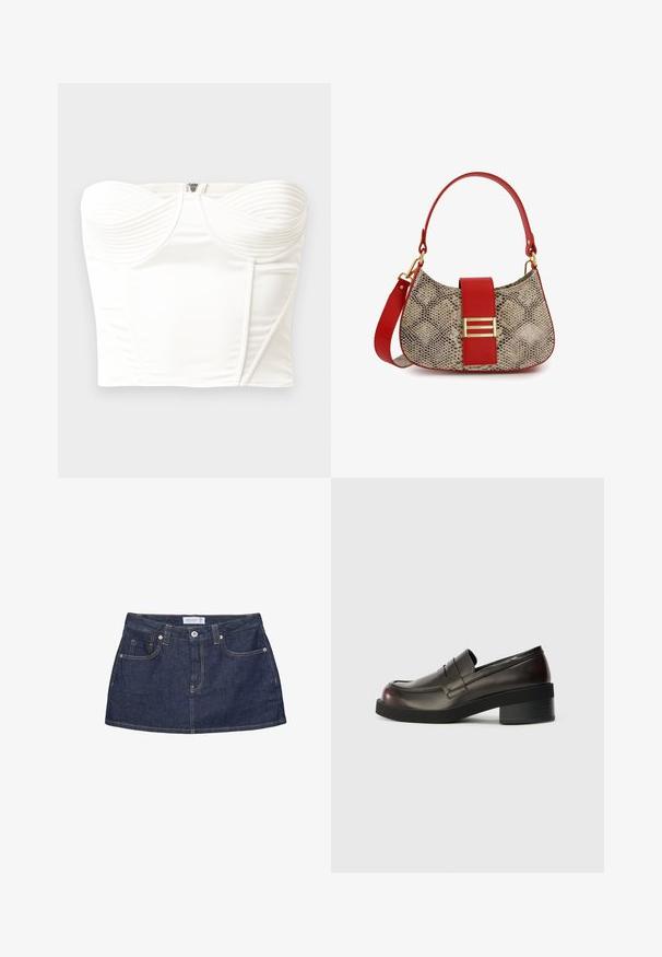 Hvid stropløs top med ribbet detaljering ved brystet, glat satinfinish, struktureret form og skjult lynlås i ryggen.; Mørkeblå denim mininederdel med frontknapper, lommer, bæltestropper og synlige orange syninger på hvid baggrund.; Mørkebrune læder loafers med rund tå, syninger og en moderat blokhæl. Glat tekstur, minimalistisk design.; Tasket med slangeskinds mønster i en kurvet form, røde læderdetaljer og en guld spænde. Har et kort rødt håndtag og en aftagelig rem.