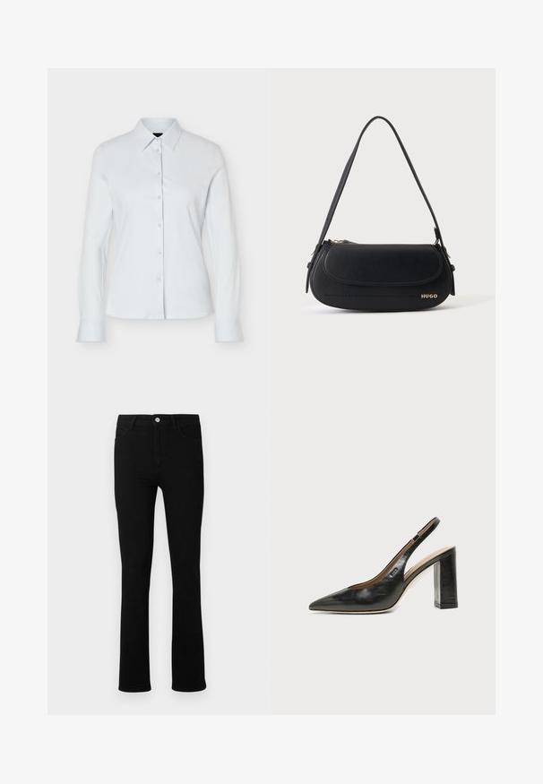 Chemise blanche à manches longues avec boutons, col pointu et silhouette ajustée, présentée sur un fond clair uni.; Jeans en denim noir avec une coupe slim, jambes droites, fermeture à bouton à l'avant, passants de ceinture et deux poches avant. Texture lisse et détails minimaux.; Chaussure slingback en cuir noir à bout pointu avec un talon bloc haut et une doublure intérieure beige sur un fond clair uni.; Sac à épaule en cuir noir avec rabat incurvé, logo doré "HUGO" sur le devant, et une bandoulière réglable.