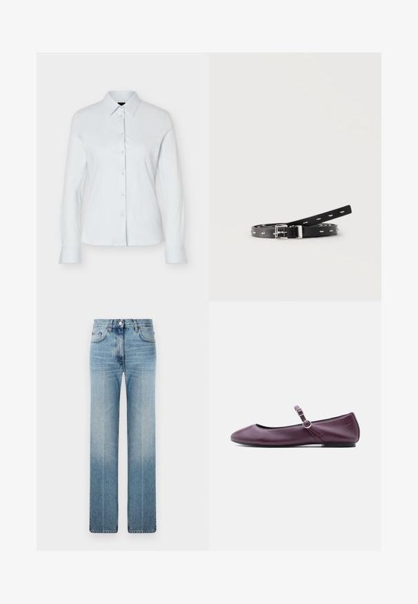 Weißes, langärmliges Hemd mit Knopfleiste, spitzem Kragen und taillierter Silhouette, präsentiert vor einem schlichten hellen Hintergrund.; Hellblaue gerade geschnittene Jeans aus Denim mit dezentem Verblassen, klassischem Fünf-Taschen-Design und einem Metallknopfverschluss an der Taille.; Mary Jane flache Schuhe aus burgunderfarbenem Leder mit abgerundetem Zehenbereich, doppeltem Schnallenriemen und einem kleinen, eingeprägten Logo an der Ferse.; Schwarzer schmaler Ledergürtel, zusammengerollt mit silberner Schnalle und ovalen Metallösen auf weißem Hintergrund.