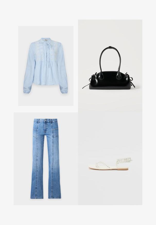 Lyseblå langærmet bluse med hvide lodrette striber, knapper foran, bindebånd ved halsen og hvid blomsterbroderi på brystet.; Lyseblå denimjeans med højt talje, frontknap, lynlås, sømdetaljer og let udvidede ben på en ensfarvet baggrund.; Flade sandaler i hvidt stof med nitter, krydsede remme og ankelbind, med en minimalistisk sål.; Lille sort blank håndtaske med to lange håndtag og snøre-detaljer i siden på en ensfarvet lys baggrund.