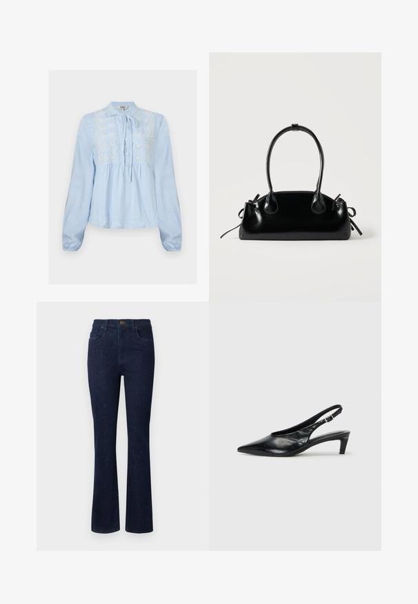 Lyseblå langærmet bluse med hvide lodrette striber, knapper foran, bindebånd ved halsen og hvid blomsterbroderi på brystet.; Mørkeblå denim jeans med design i flared ben, fem lommer og knaplukning i taljen. Glat tekstur med minimal syning.; Sort læder slingback hæl med spidse tæer, lav kitten hæl og justerbar spænde-bånd. Glat tekstur med minimal dekor.; Lille sort blank håndtaske med to lange håndtag og snøre-detaljer i siden på en ensfarvet lys baggrund.