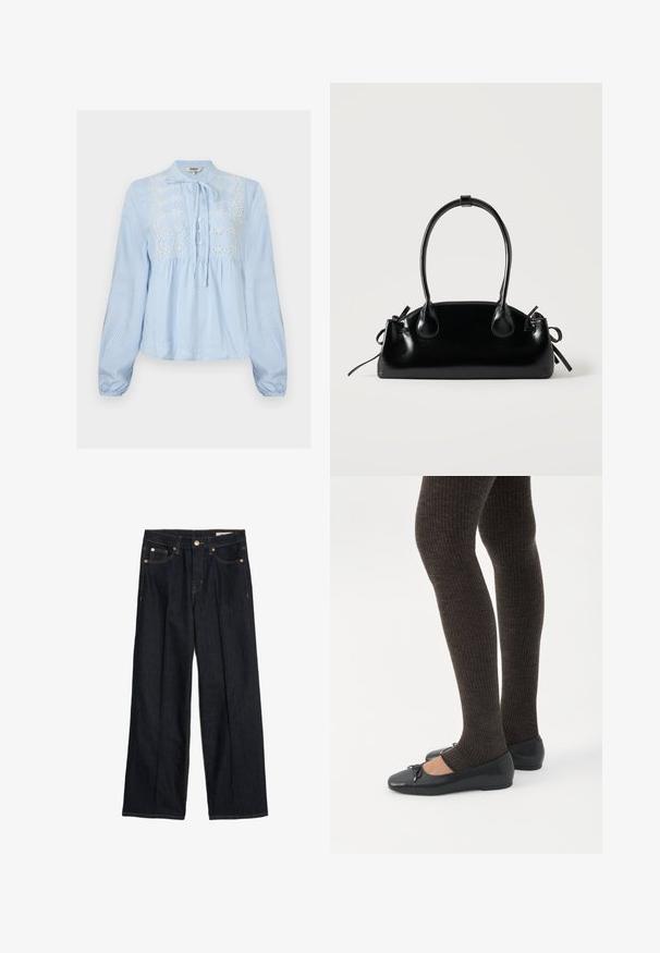 Blouse bleu clair à manches longues avec rayures blanches verticales, patte de boutonnage à l'avant, col noué et broderie florale blanche sur la poitrine.; Pantalons larges en denim bleu foncé à taille haute, avec une fermeture à bouton, des poches avant et des détails de couture jaune contrastant.; Jambes portant des leggings côtelés foncés associés à des ballerines noires avec de petits détails en nœud sur fond blanc.; Petit sac à main noir brillant avec deux longues anses et des détails à cordon sur les côtés sur un fond clair uni.
