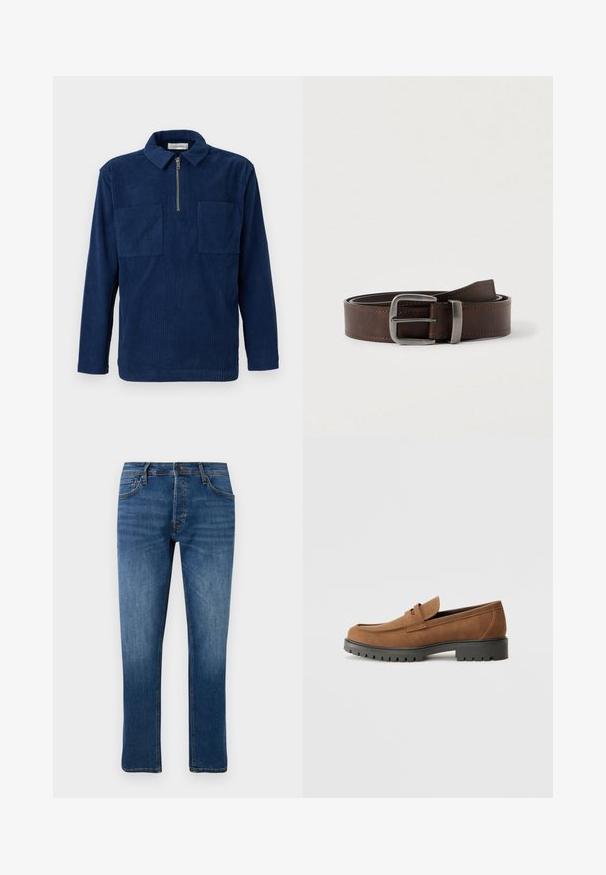Donkerblauwe corduroy pullover met lange mouwen, een korte rits aan de voorkant, twee borstzakken en een spreidkraag.; Blauwe rechte spijkerbroeken met vijf zakken, knoopsluiting en subtiele vervaging op de dijen en knieën, weergegeven tegen een witte achtergrond.; Bruine suede instappers met een ronde neus en een lage zwarte rubberen zool, met een decoratieve band en stiksel details op het bovenwerk.; Donkerbruine leren riem met een zilveren rechthoekige gesp, opgerold en tegen een lichte neutrale achtergrond geplaatst.