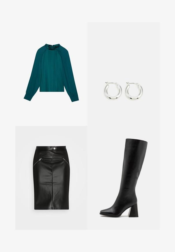 Blouse teal à manches longues, col haut et détail plissé à l'avant. Tissu lisse, semblable à du satin avec un subtil éclat et fermeture éclair au dos.; Jupe crayon en cuir noir avec une texture lisse, dotée de deux poches zippées à l'avant et d'une silhouette ajustée.; Cuissardes noires en cuir lisse, avec un bout carré et un talon épais et texturé. Design simple et épuré.; Boucles d'oreilles en argent avec une finition polie, présentant une forme circulaire et une fermeture à charnière. Texture lisse avec un minimum de détails.