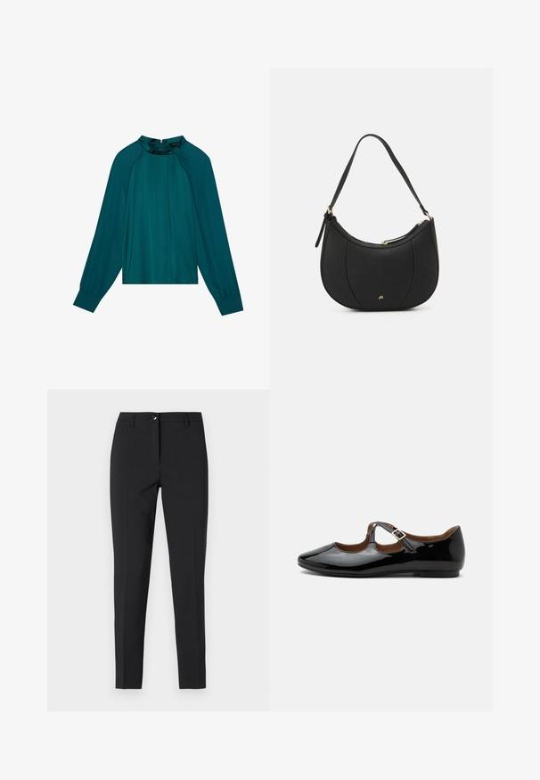 Blouse teal à manches longues, col haut et détail plissé à l'avant. Tissu lisse, semblable à du satin avec un subtil éclat et fermeture éclair au dos.; Pantalons noirs ajustés en tissu lisse, avec une taille classique, une fermeture éclair sur le devant et des poches latérales au design élégant et sur mesure.; Chaussure plate Mary Jane en cuir verni noir avec deux découpes et une bride à boucle dorée sur fond blanc.; Sac à main en cuir noir avec une forme courbée, surface texturée, coutures avant et un logo doré. Il est doté d'une seule sangle ajustable.