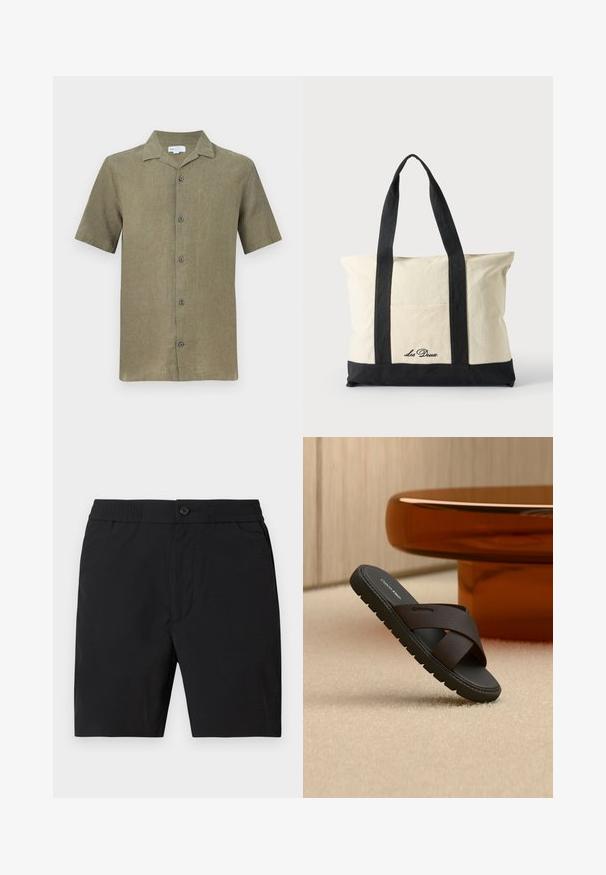 Chemise boutonnée à manches courtes de couleur vert olive avec col et cinq boutons sur le devant, présentée sur un fond uni.; Shorts mi-longs pour hommes noirs avec taille élastique, fermeture par bouton et poches latérales, présentés sur un fond uni.; Sandale à glissière noire avec des brides croisées texturées sur un tapis beige près d'une base de table ronde de couleur ambre.; Sac fourre-tout en toile avec longues anses noires, bordure noire en bas et poche avant avec logo "Les Deux" en écriture noire.