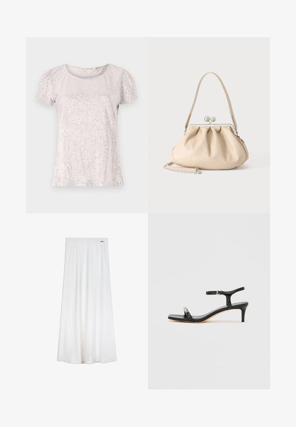T-shirt à manches courtes en beige clair avec une surface texturée ornée de sequins, présentant un col rond et des manches froncées.; Jupe longue blanche en tissu lisse, présentant une silhouette droite et des plis subtils, avec un petit logo argenté près de la taille.; Sandale noire en cuir à talon avec bride à la cheville, bout ouvert, devant carré et accent en métal argenté. Design ajusté avec un profil élégant.; Sac à main en cuir souple beige avec un fermoir en métal argenté, une bandoulière simple et une bandoulière chaîne optionnelle sur fond blanc.