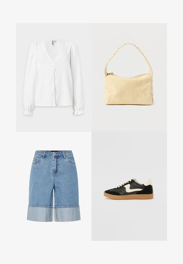 Blusa blanca de manga larga con cuello en V, botones forrados de tela en la parte delantera, mangas ligeramente abullonadas y puños con volantes.; Pantalones cortos de mezclilla en azul claro con dobladillo enrollado, que cuentan con un cierre de botón, passantes para cinturón y dos bolsillos delanteros. Textura suave y diseño casual.; Zapatillas de deporte de ante y cuero negro con un swoosh lateral en crema y un talón en crema claro. Presenta cordones beige y una suela de goma marrón.; Pequeño bolso de cuero beige con una sola correa y tachuelas plateadas a lo largo de los bordes y la correa, sobre un fondo liso.