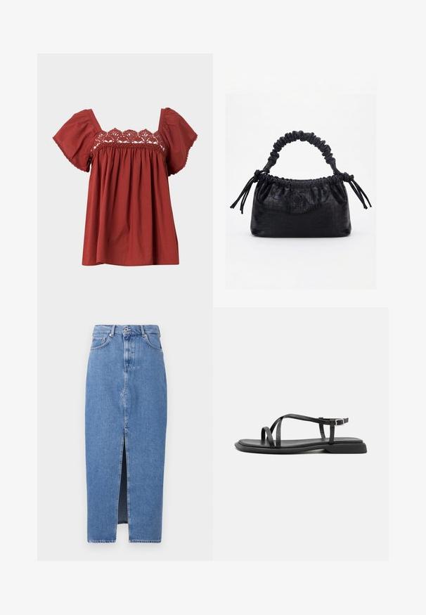Rød bomuldsbluse med korte, flagrende ærmer og blonder detalje langs halsudskæringen. Stoffet har en glat tekstur og en afslappet pasform.; Lyseblå denim midi-nederdel med en frontslids, klassisk fem-lomme design og lukning med topknap. Stoffet har en let struktur.; Sorte flade sandaler med tynde justerbare stropper, rektangulær tåpost og en struktureret mat finish. Har en lav, let firkantet hæl.; Sort taske med krokodilletekstur, rynket øverste kant, samlet hank og snore med kvaster på hver side mod en hvid baggrund.